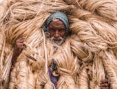 A man carries bundles of jute fiber in Manikganj, Bangladesh, showcasing traditional agriculture.
